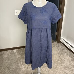 Terzo Millenio Dark Blue Linen Dress Short Sleeve  Dress Size L Made in Italy